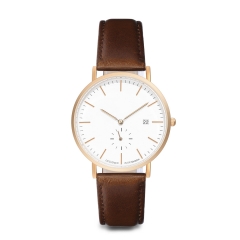 Rosa caja de oro blanco dial acero inoxidable hombres reloj de cuero de la muñeca