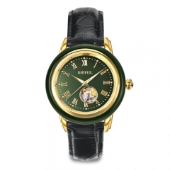 Reloj mecánico del jade del cuero genuino del OEM de encargo